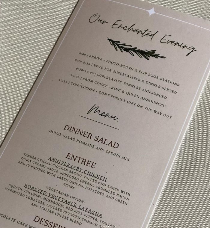 Prom dinner menu.