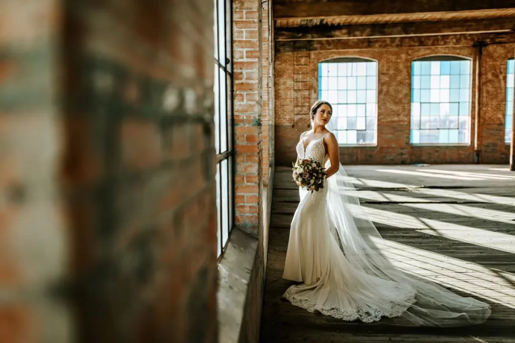 Bridal portrait in the original weaving room at The Cotton Mill.